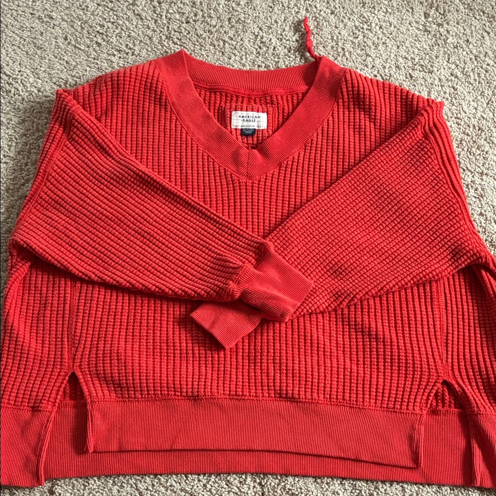 American Eagle XS Red V-Neck Waffle Sweater